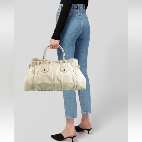 🎉host pick🎉Gucci white cream lambskin Leather Large Pop Bamboo Tote Bag - Picture 1 of 11